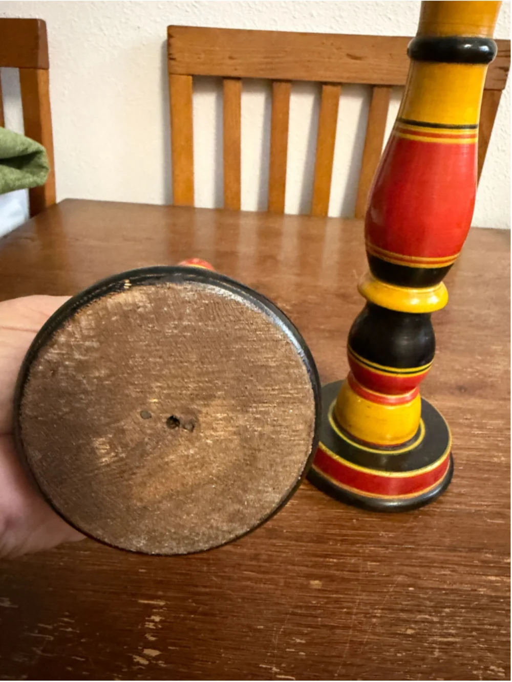 Vintage Pair Hand Painted Wooden Candlesticks Folk Art Red Yellow Black Turned W